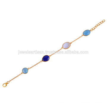 Pulseira De Prata De Ouro 18K Com Onyx Azul, Lapis e Arco-Íris